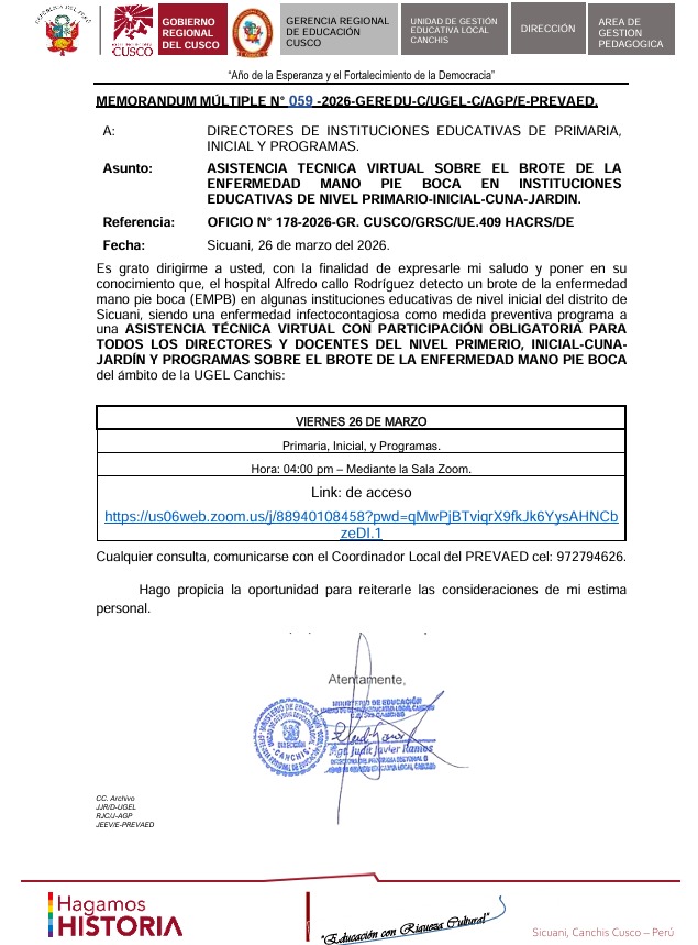 Asistencia TECNICA VIRTUAL SOBRE EL BROTE DE LA ENFERMEDAD MANO PIE BOCA EN INSTITUCIONES EDUCATIVAS DE NIVEL PRIMARIO.INICIAL.CUNA.JARDIN.